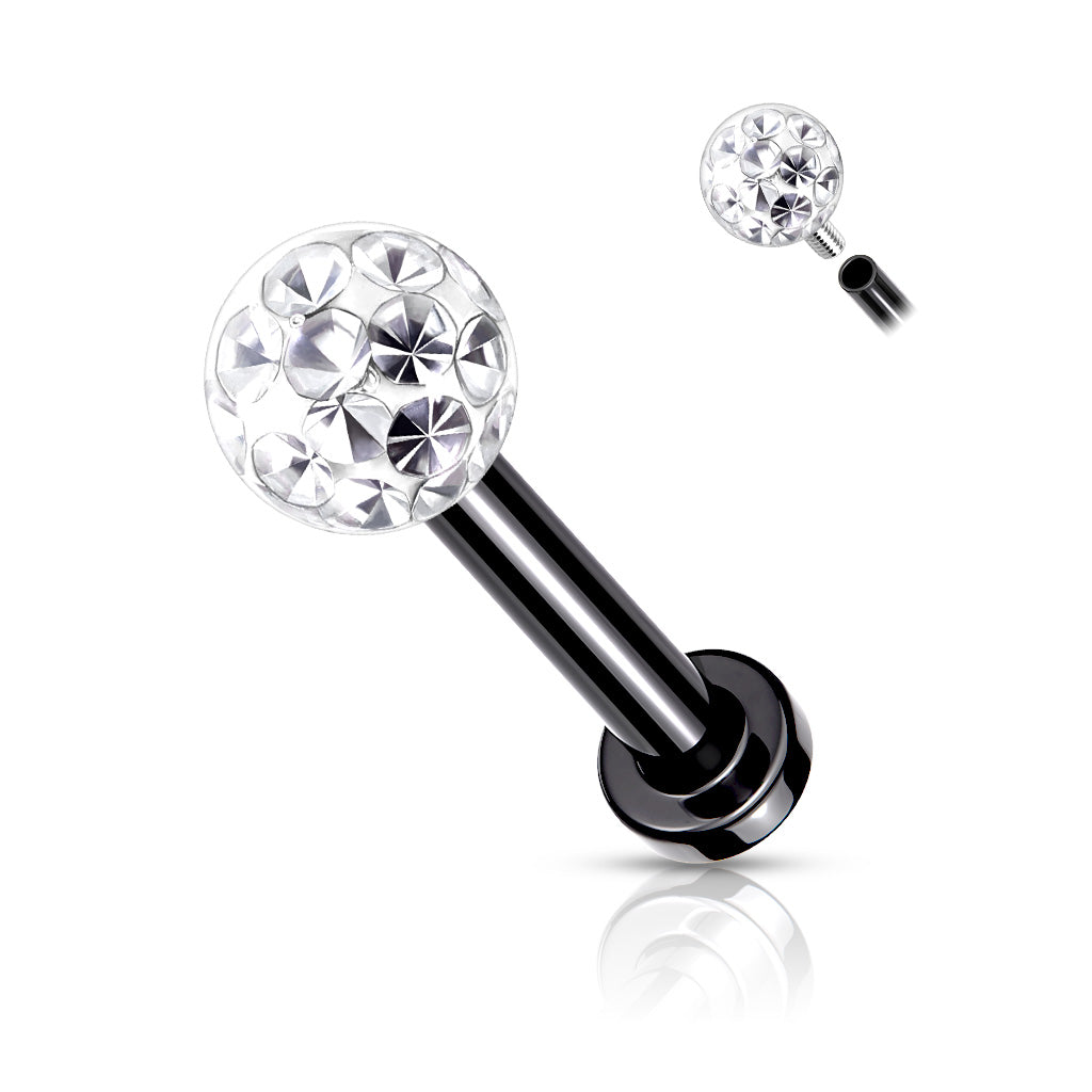 Internally Threaded 316L Surgical Steel With Epoxy Covered Crystal Paved Ball Top Flat Back Studs for Labret, Monroe, Cartilage and More - Black/Clear