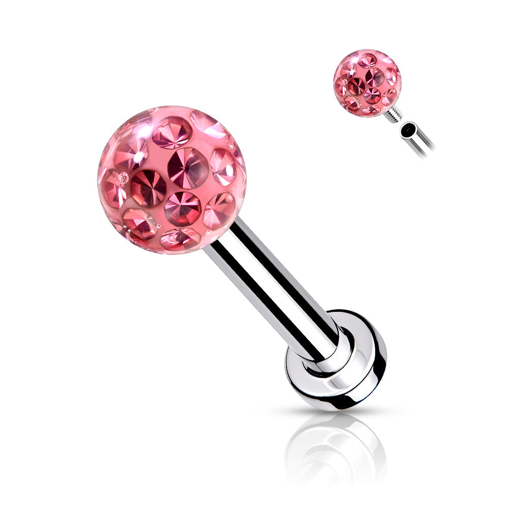 Internally Threaded 316L Surgical Steel With Epoxy Covered Crystal Paved Ball Top Flat Back Studs for Labret, Monroe, Cartilage and More - Pink