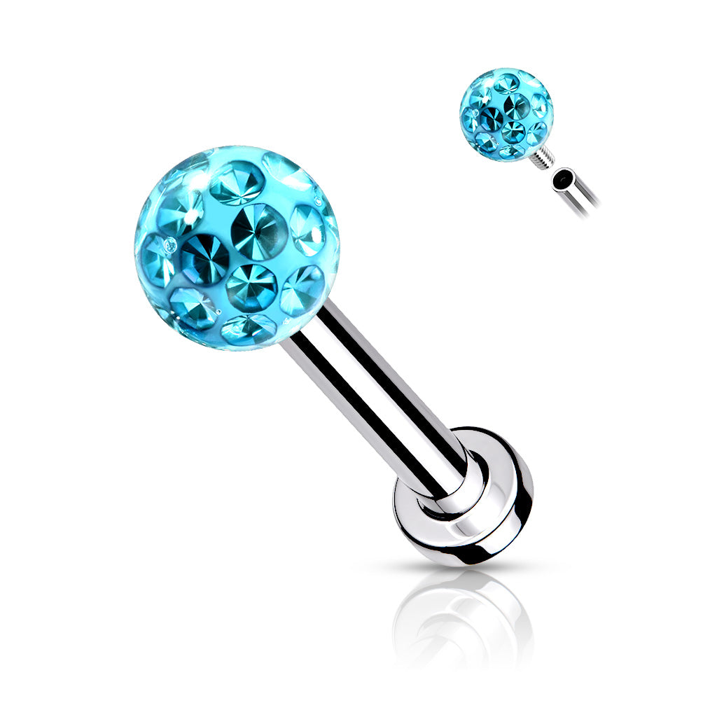 Internally Threaded 316L Surgical Steel With Epoxy Covered Crystal Paved Ball Top Flat Back Studs for Labret, Monroe, Cartilage and More - Aqua