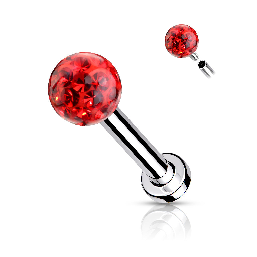 Internally Threaded 316L Surgical Steel With Epoxy Covered Crystal Paved Ball Top Flat Back Studs for Labret, Monroe, Cartilage and More - Red