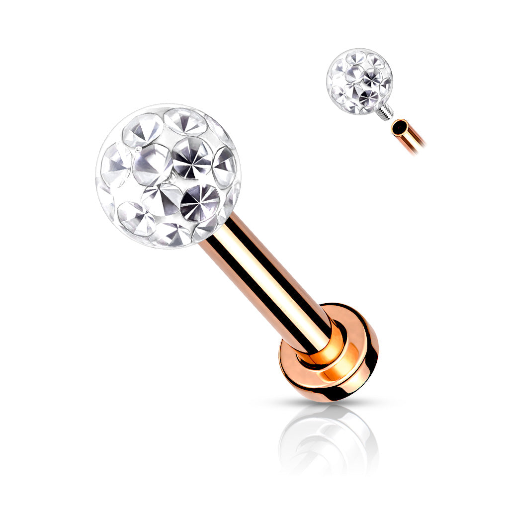 Internally Threaded 316L Surgical Steel With Epoxy Covered Crystal Paved Ball Top Flat Back Studs for Labret, Monroe, Cartilage and More - Rose Gold/Clear