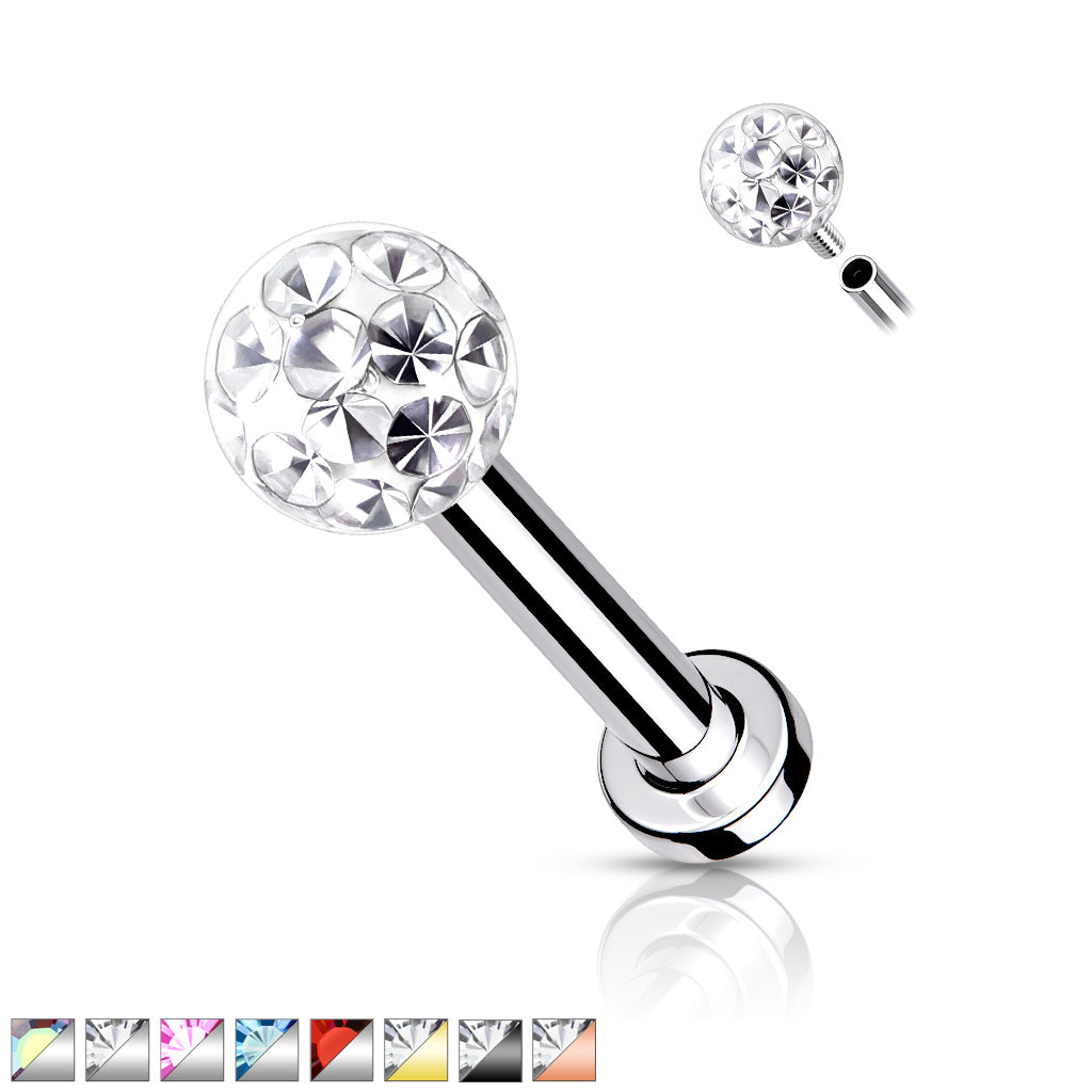 Internally Threaded 316L Surgical Steel With Epoxy Covered Crystal Paved Ball Top Flat Back Studs for Labret, Monroe, Cartilage and More - all colors