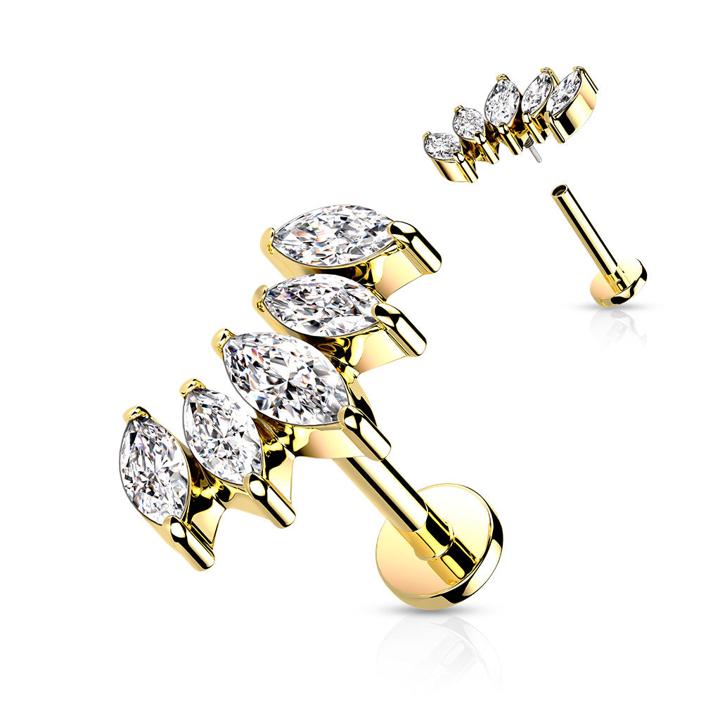 All 316L Internally Threaded Flat Back Stud With 5 Marquise CZ Curved Fan Top & Extended Threading - Gold/Clear