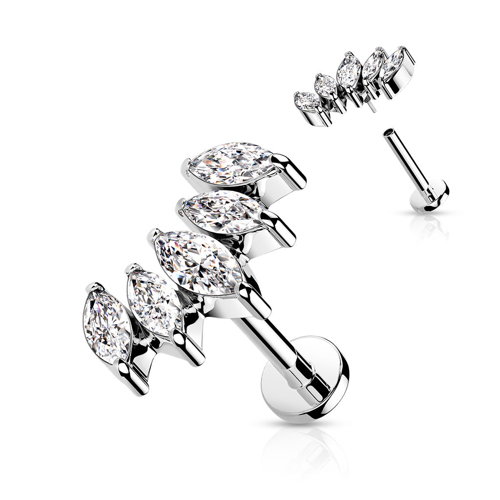 All 316L Internally Threaded Flat Back Stud With 5 Marquise CZ Curved Fan Top & Extended Threading - Steel/Clear