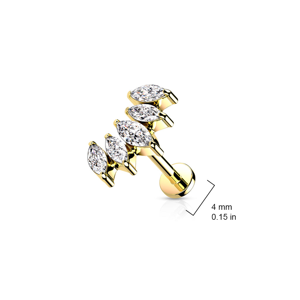 All 316L Internally Threaded Flat Back Stud With 5 Marquise CZ Curved Fan Top & Extended Threading size chart