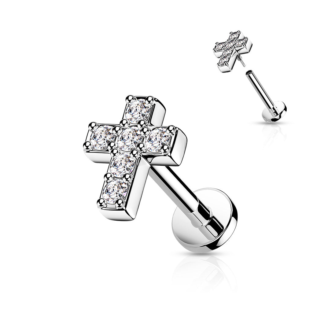 All 316L Internally Threaded Flat Back Stud With CZ Cross Top & Extended Threading - Steel/Clear