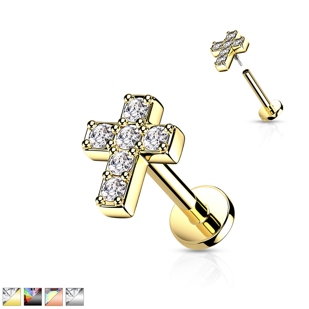 All 316L Internally Threaded Flat Back Stud With CZ Cross Top & Extended Threading - all colors