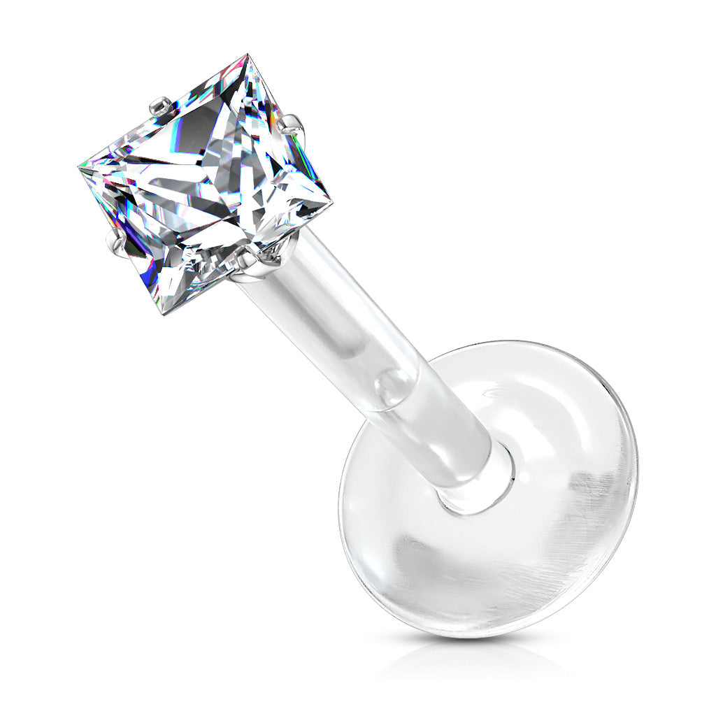 Prong Set Square CZ 316L Surgical Steel Top Push In Bio Flex Flat Back Studs for Labret, Monroe, Ear Cartilage, and More - Clear