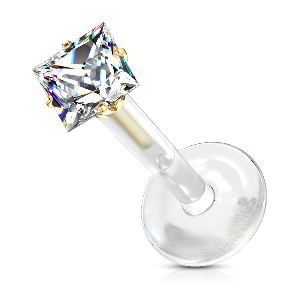 Prong Set Square CZ 316L Surgical Steel Top Push In Bio Flex Flat Back Studs for Labret, Monroe, Ear Cartilage, and More - Gold/Clear