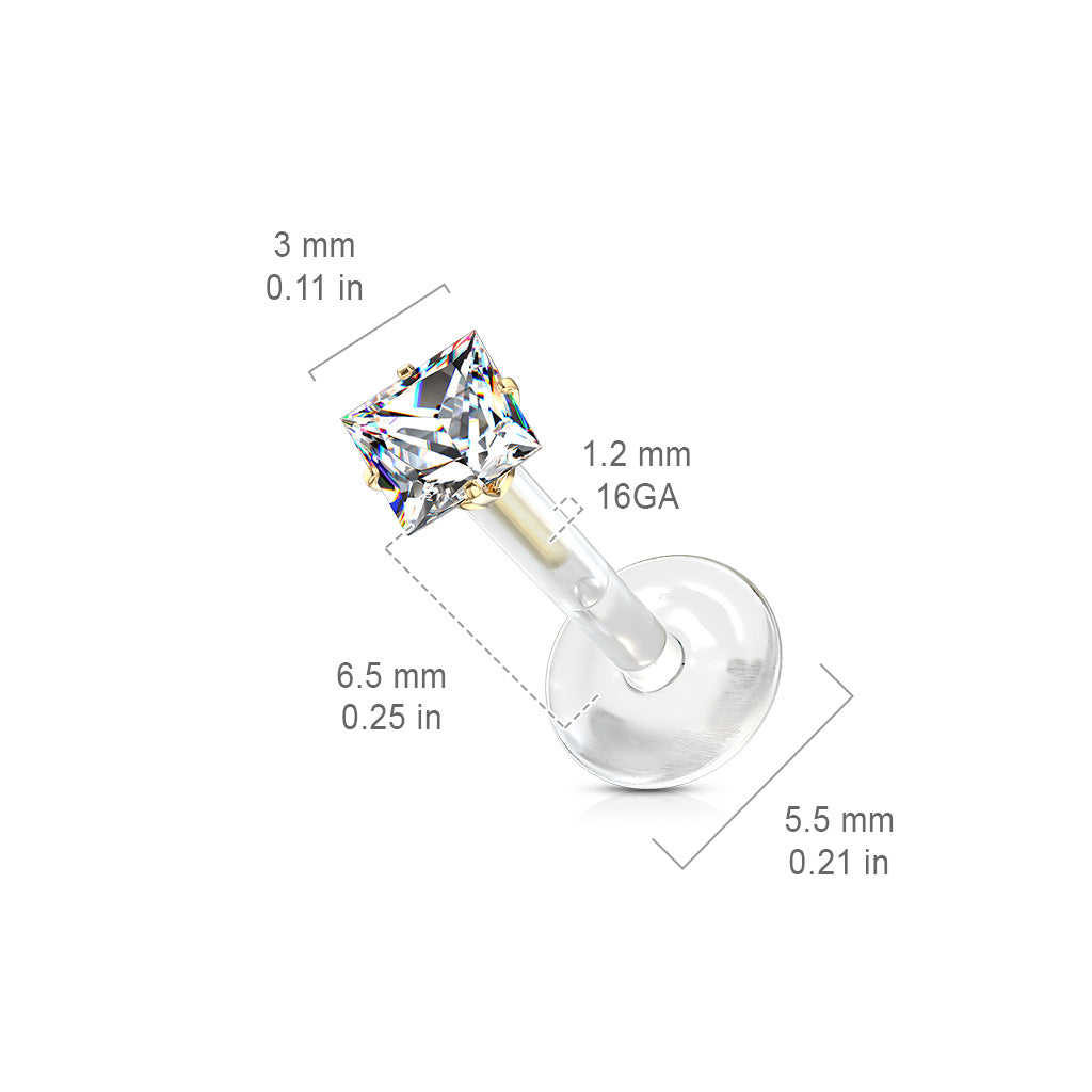 Prong Set Square CZ 316L Surgical Steel Top Push In Bio Flex Flat Back Studs for Labret, Monroe, Ear Cartilage, and More size chart