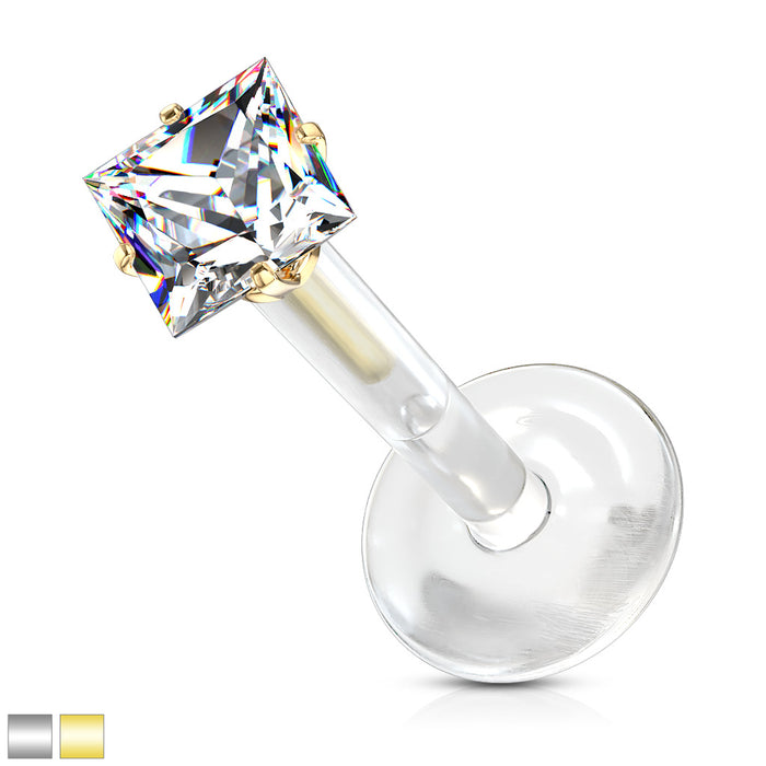 Prong Set Square CZ 316L Steel Push In Top Bioflex Flat Back Stud