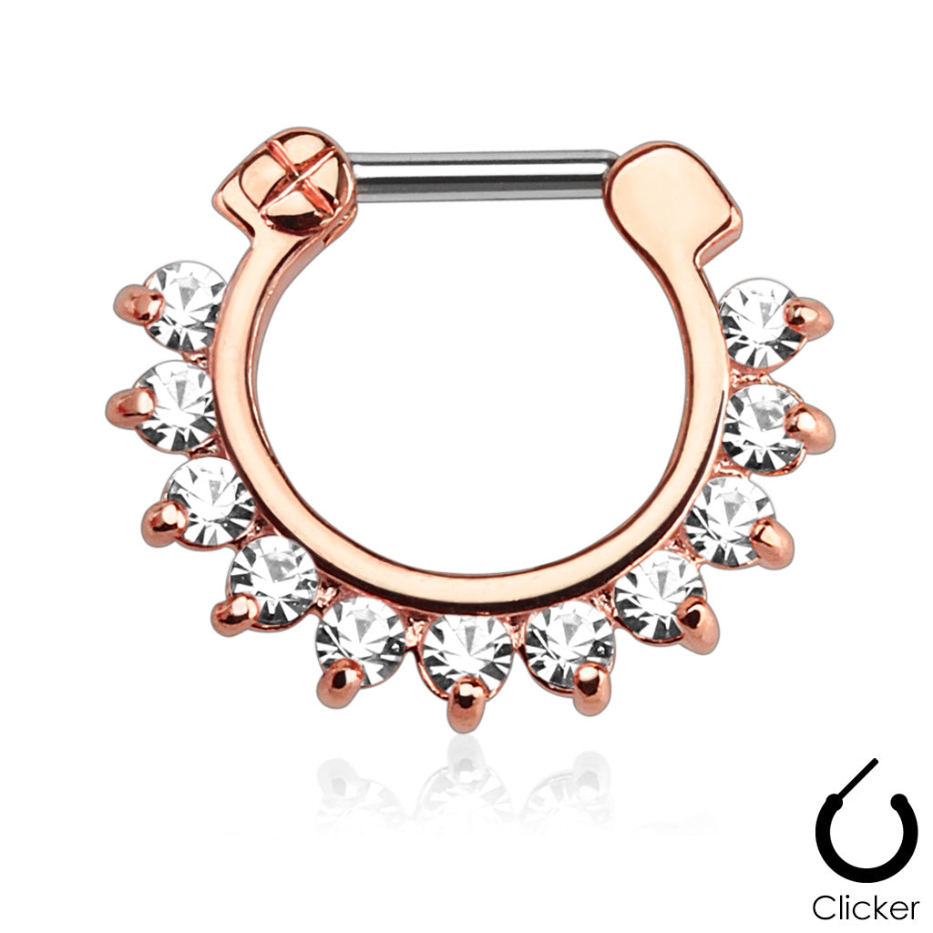 Single Line Pronged Gems 316L Surgical Steel Septum Clicker - Rose Gold/Clear