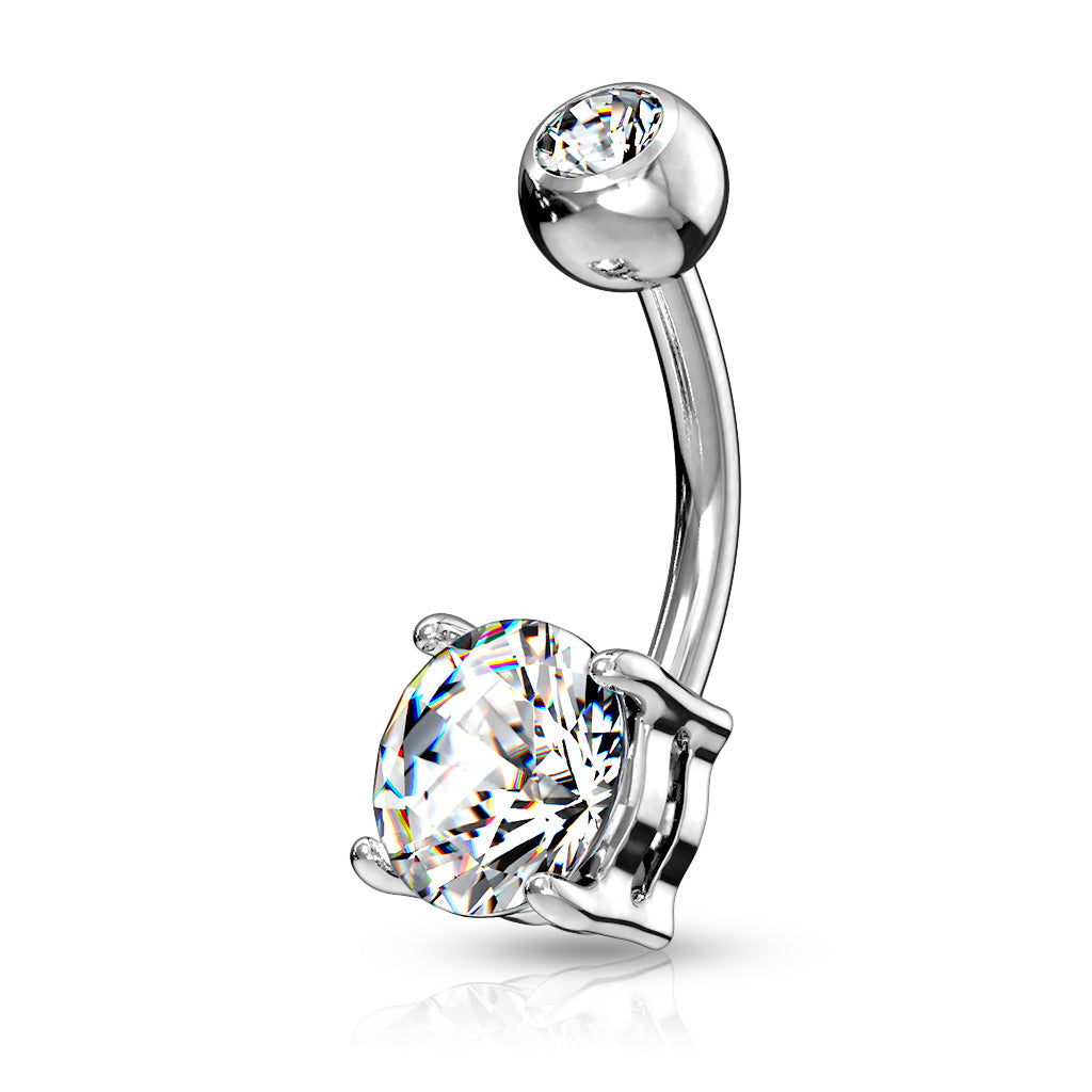 316L Surgical Steel Double Gemmed Solitaire Round Cz Prong Set Belly Button Ring - Clear