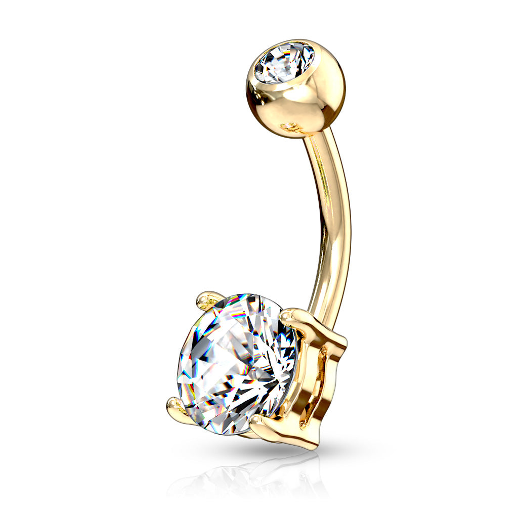 316L Surgical Steel Double Gemmed Solitaire Round Cz Prong Set Belly Button Ring - Gold/Clear