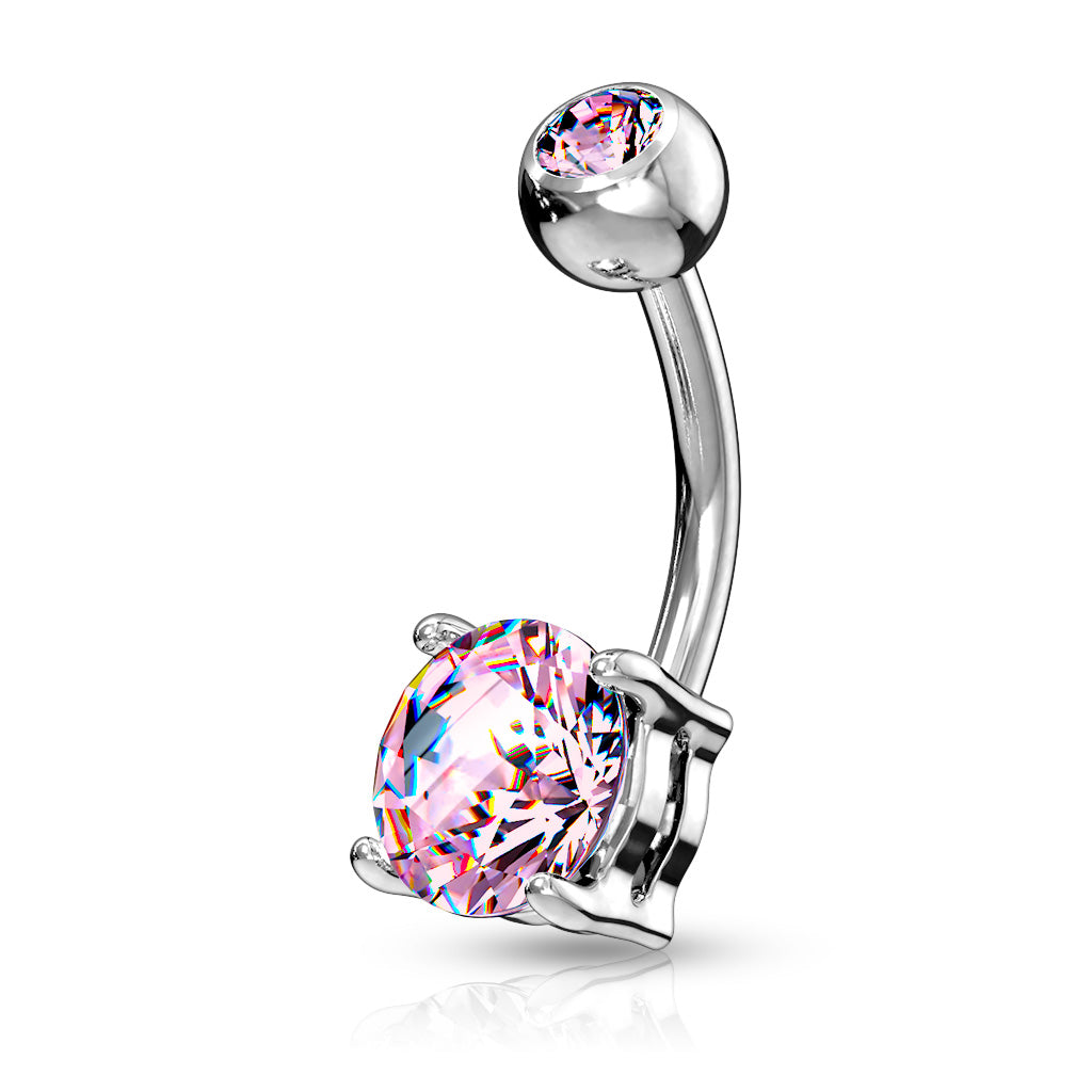 316L Surgical Steel Double Gemmed Solitaire Round Cz Prong Set Belly Button Ring - Pink