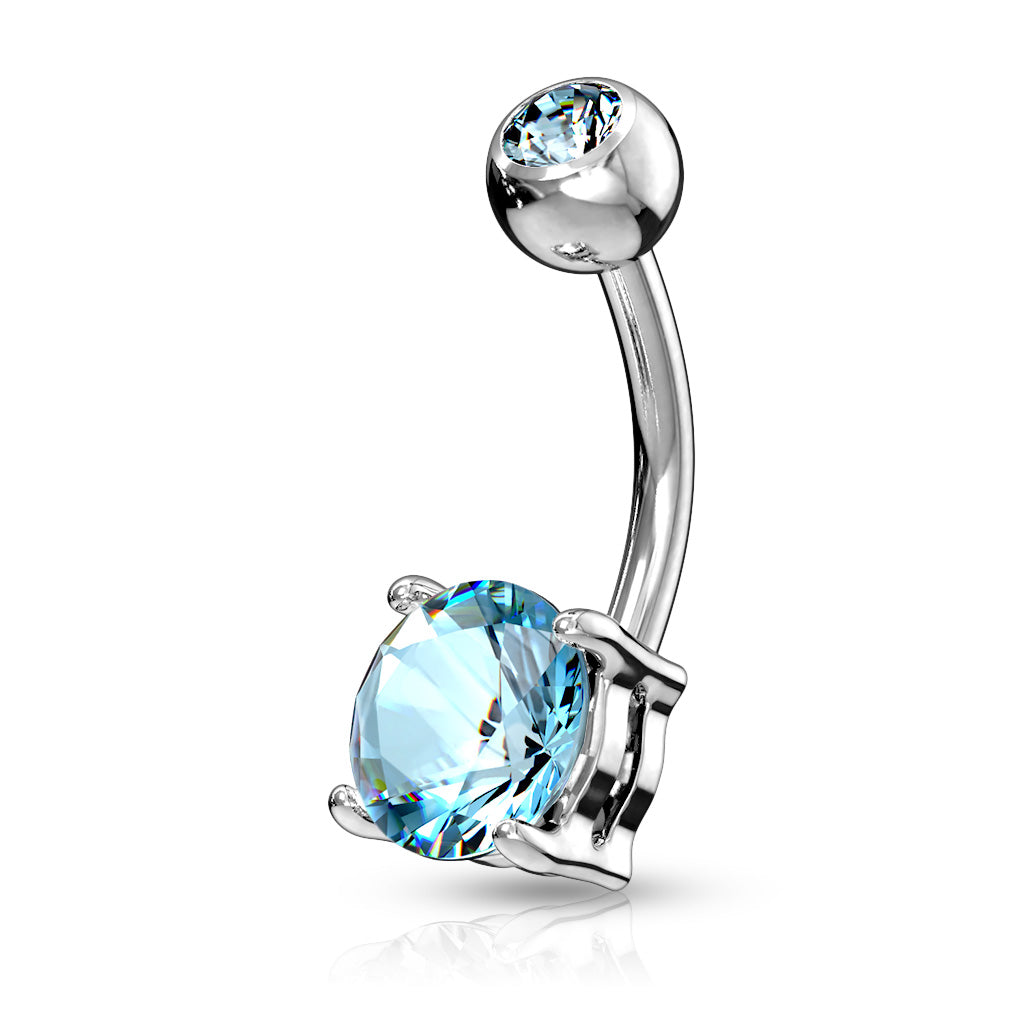 316L Surgical Steel Double Gemmed Solitaire Round Cz Prong Set Belly Button Ring - Aqua