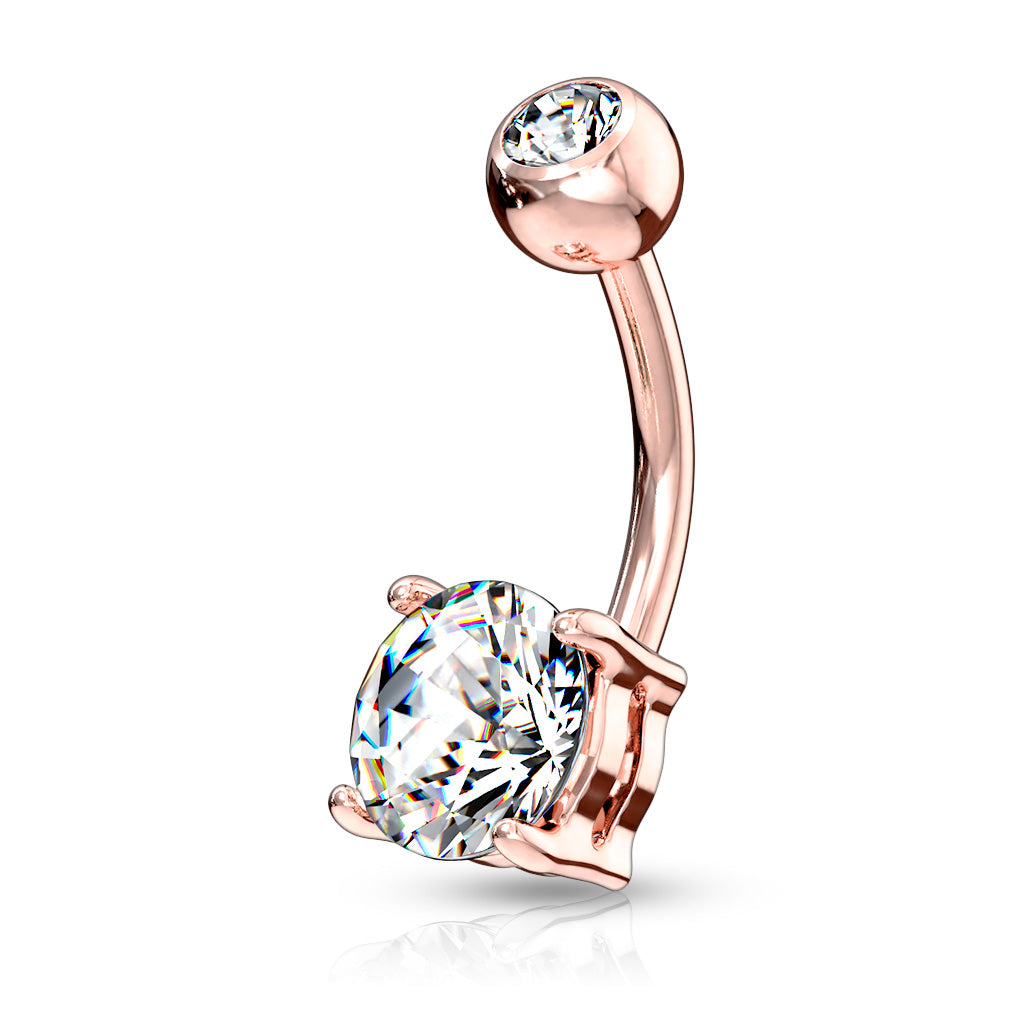 316L Surgical Steel Double Gemmed Solitaire Round Cz Prong Set Belly Button Ring - Rose Gold/Clear