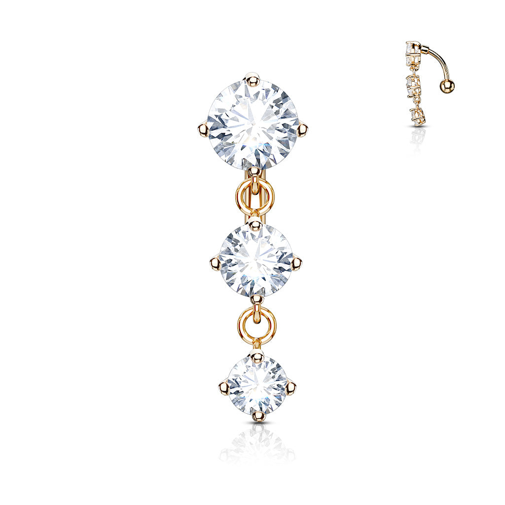 316L Surgical Steel Three Prong Set Round Cz Vertical Drop Belly Button Ring - Rose Gold/Clear