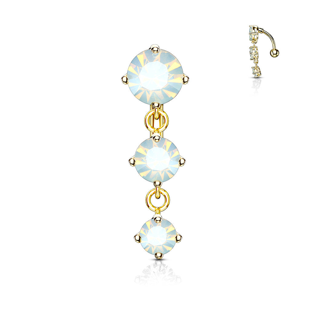 316L Surgical Steel Three Prong Set Round Opalite Crystals Vertical Drop Belly Button Ring - Gold/White
