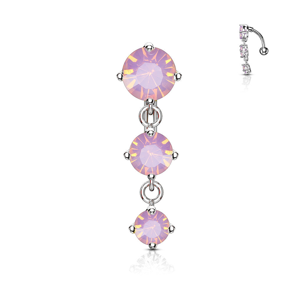 316L Surgical Steel Three Prong Set Round Opalite Crystals Vertical Drop Belly Button Ring - Pink