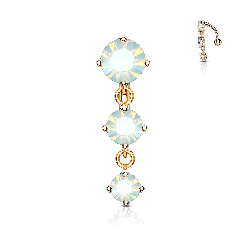 316L Surgical Steel Three Prong Set Round Opalite Crystals Vertical Drop Belly Button Ring - Rose Gold/White
