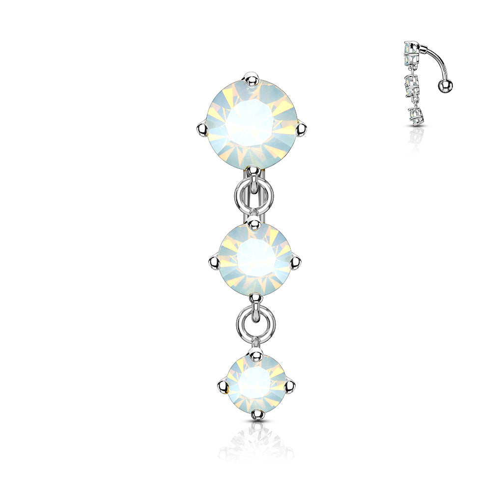 316L Surgical Steel Three Prong Set Round Opalite Crystals Vertical Drop Belly Button Ring - White