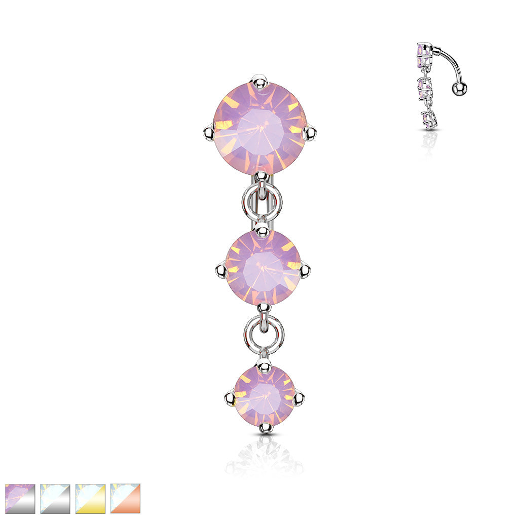 316L Surgical Steel Three Prong Set Round Opalite Crystals Vertical Drop Belly Button Ring - all colors
