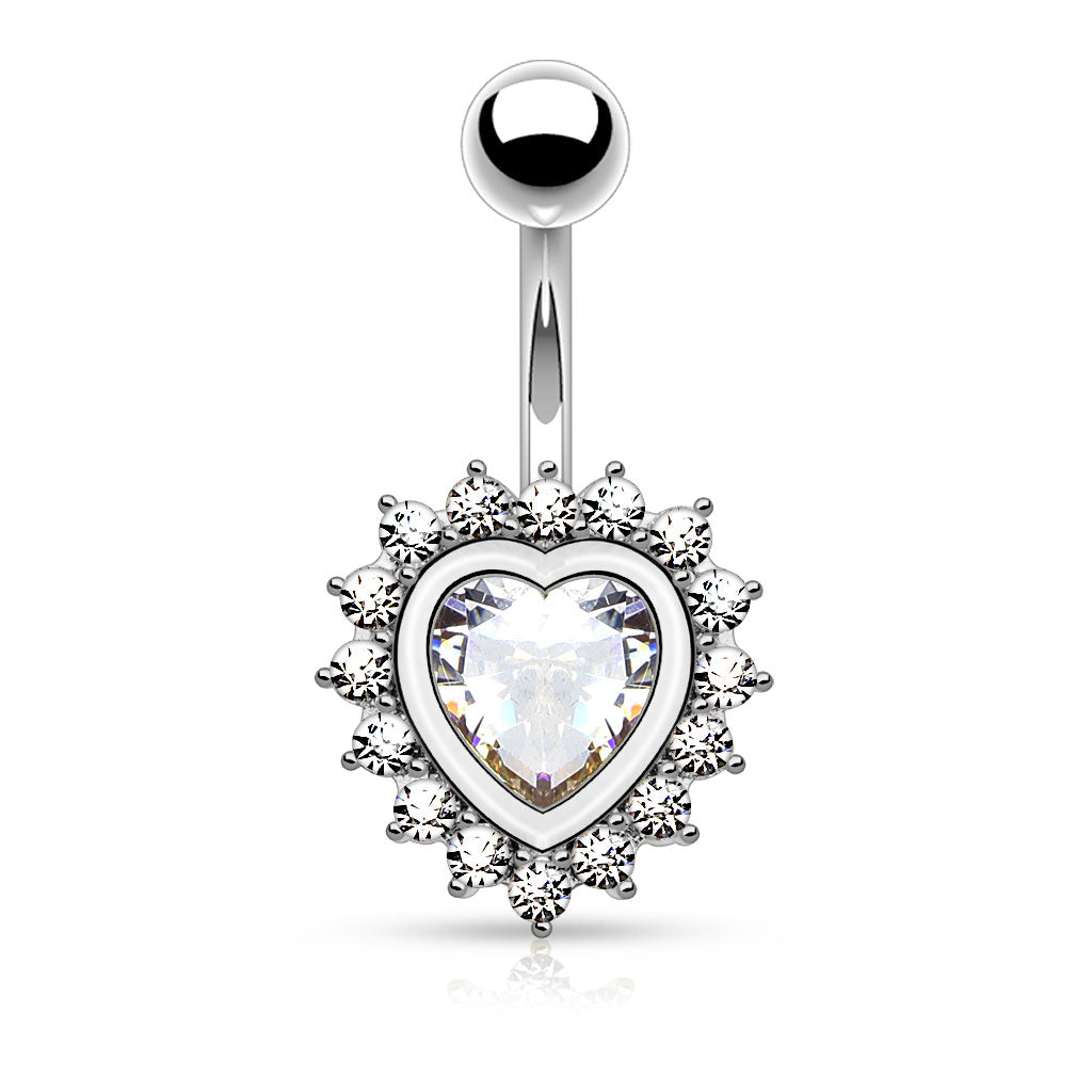 316L Surgical Steel Heart Shape Paved CZ Around Large Heart CZ Belly Button Rings - Clear