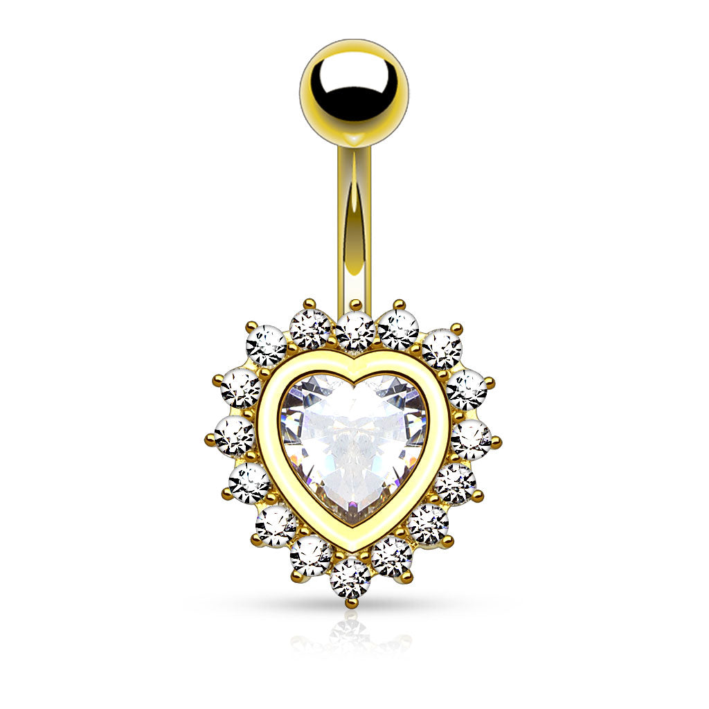 316L Surgical Steel Heart Shape Paved CZ Around Large Heart CZ Belly Button Rings - Gold/Clear