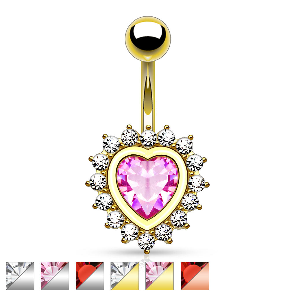 316L Surgical Steel Heart Shape Paved CZ Around Large Heart CZ Belly Button Rings - all colors