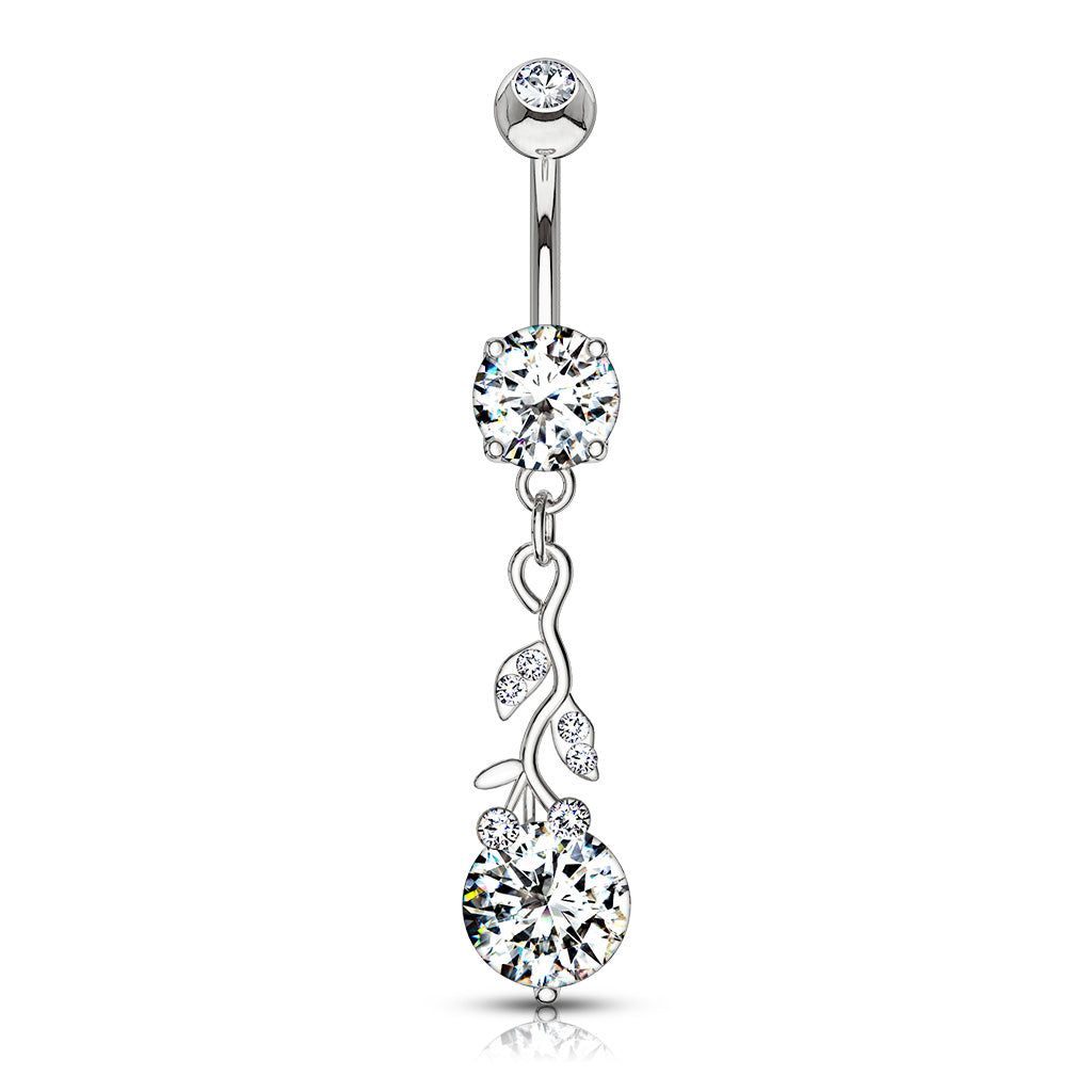 Gemmed Leafs with Large Round CZ Dangle 316L Surgical Steel Belly Button Navel Rings - Clear