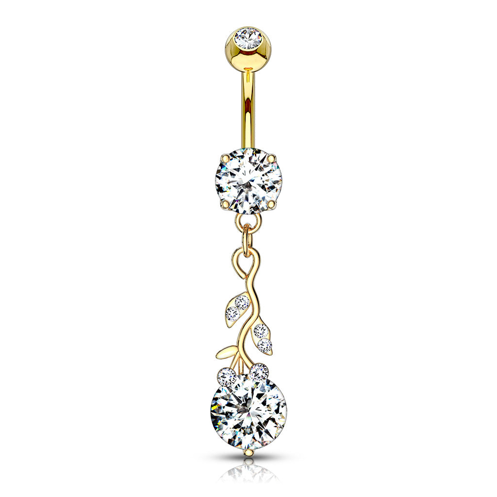 Gemmed Leafs with Large Round CZ Dangle 316L Surgical Steel Belly Button Navel Rings - Gold/Clear