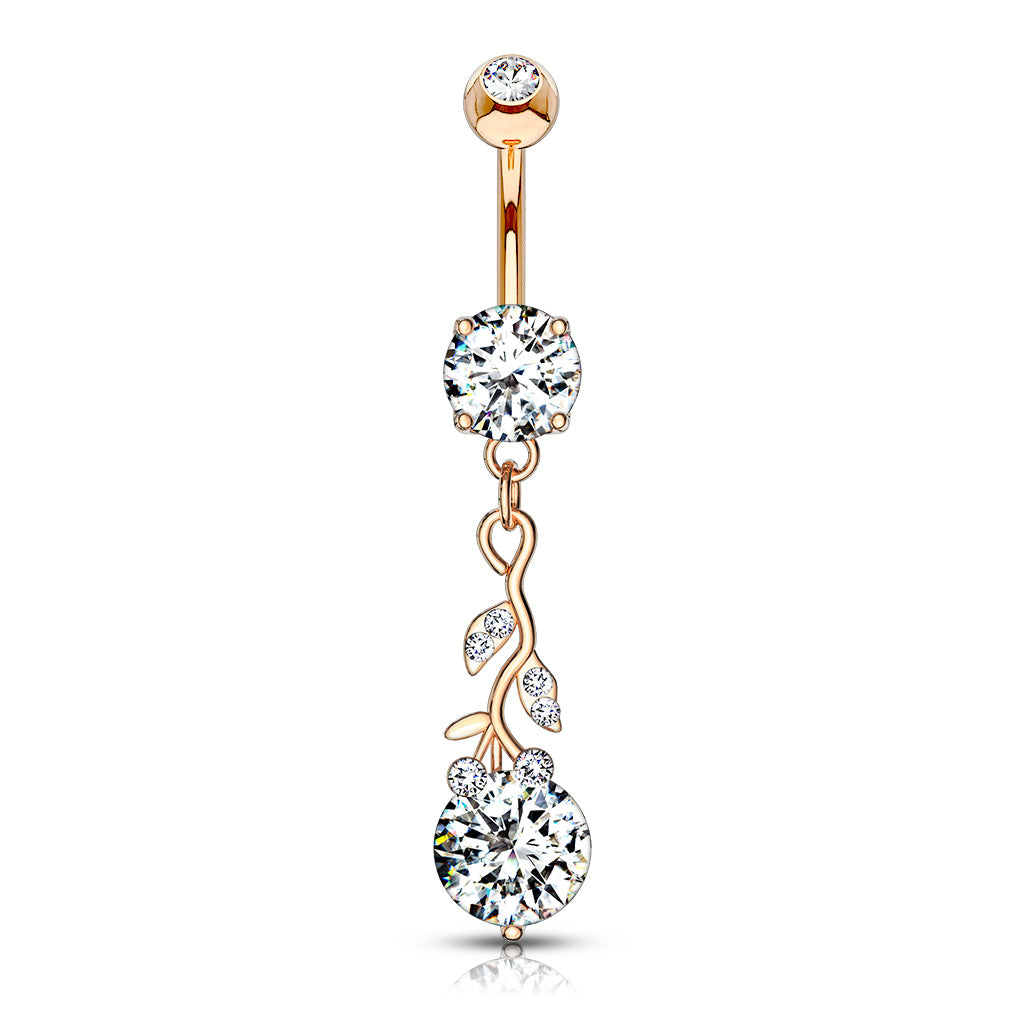 Gemmed Leafs with Large Round CZ Dangle 316L Surgical Steel Belly Button Navel Rings - Rose Gold/Clear