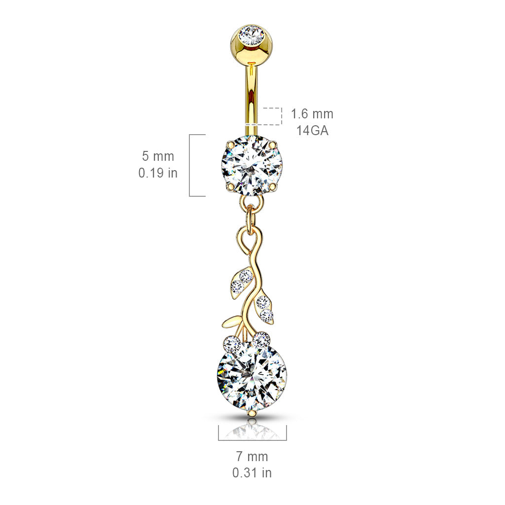 Gemmed Leafs with Large Round CZ Dangle 316L Surgical Steel Belly Button Navel Rings size chart