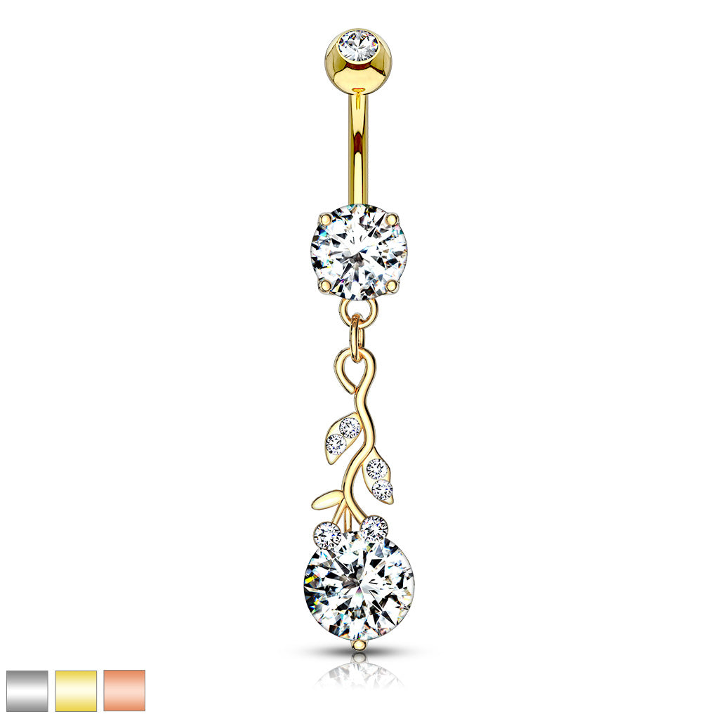 Gemmed Leafs with Large Round CZ Dangle 316L Surgical Steel Belly Button Navel Rings - all colors
