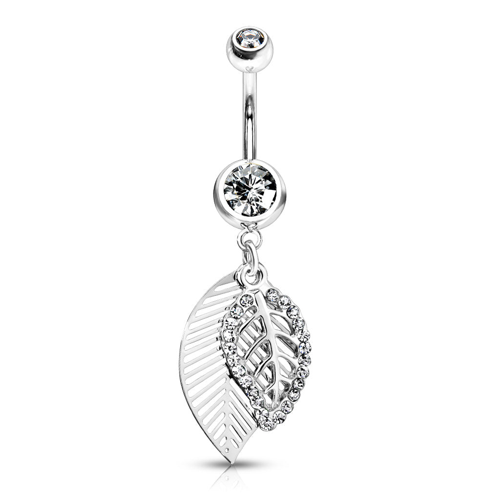 316L Surgical Steel Cz Paved Leaves Dangle Belly Button Ring - Clear