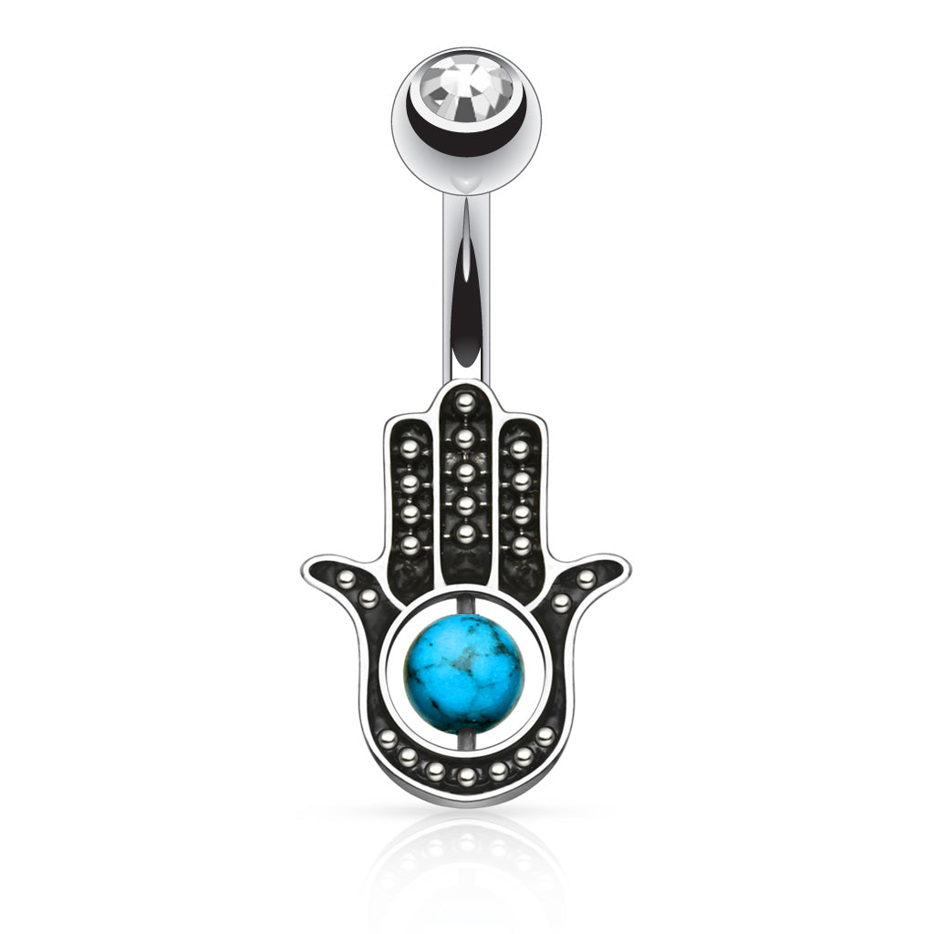 316L Surgical Steel Hamsa Hand With Stone Palm Belly Button Ring - Clear