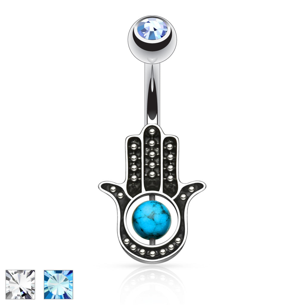 316L Surgical Steel Hamsa Hand With Stone Palm Belly Button Ring - all colors