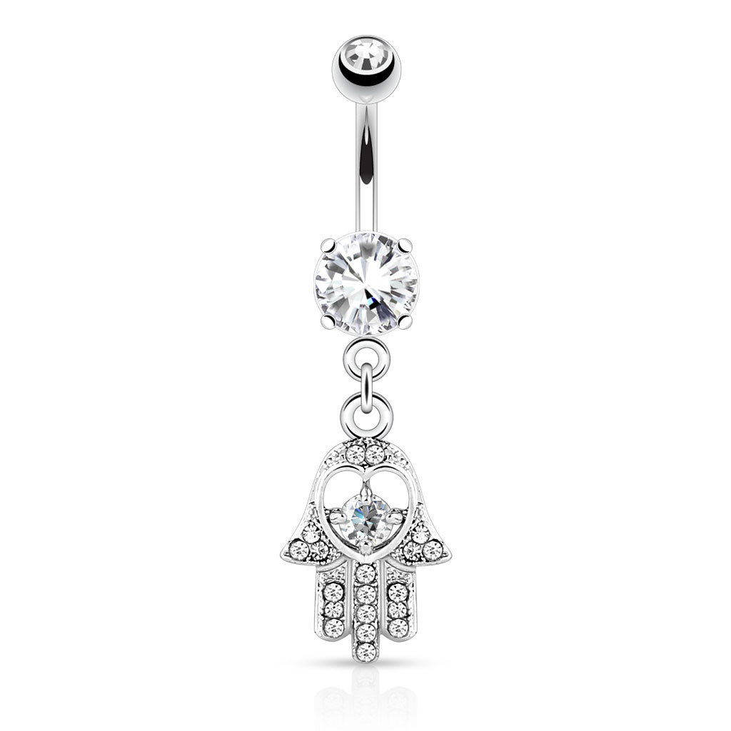 316L Surgical Steel Hamsa With Colored CZ and Gem Paved Dangle Belly Button Ring - Clear