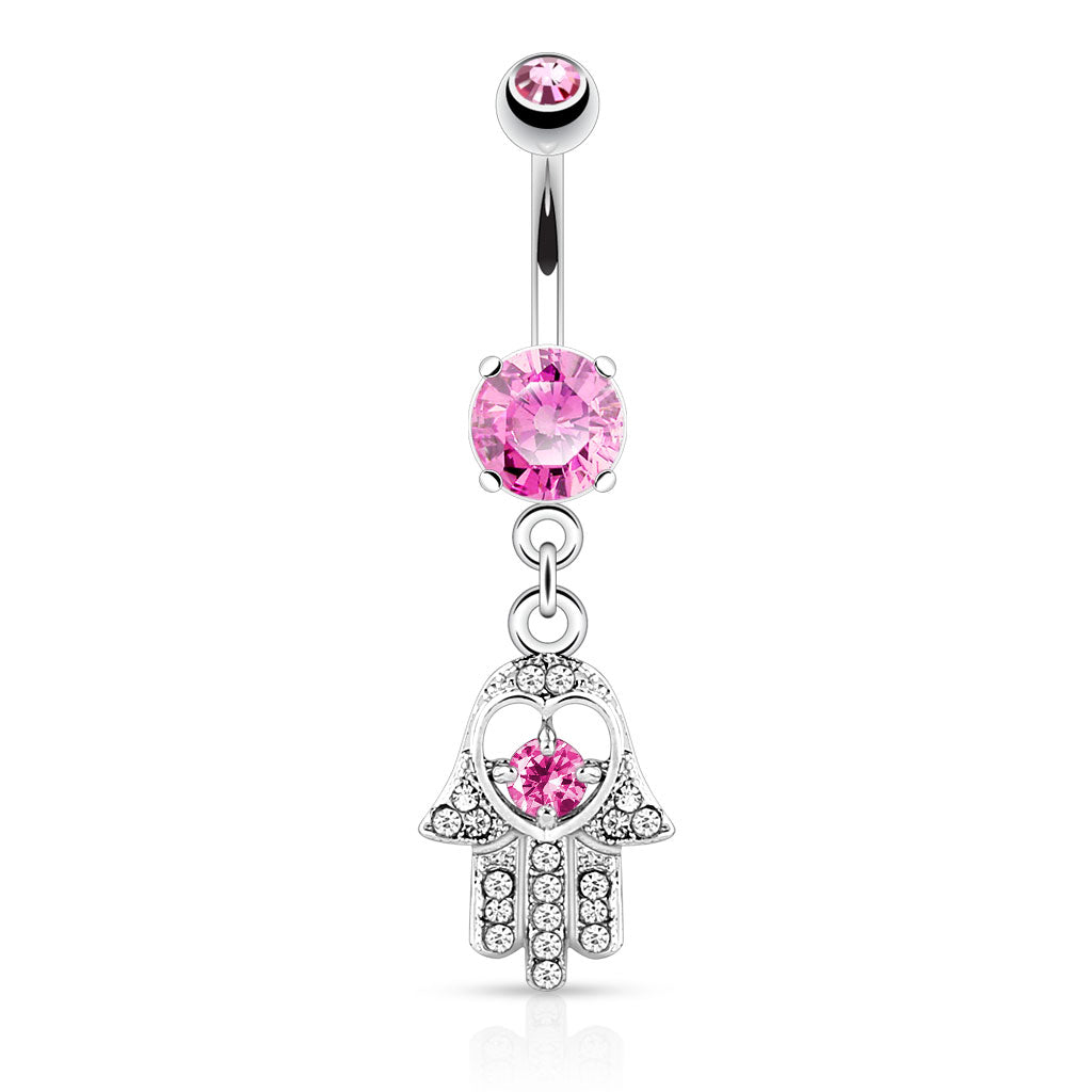 316L Surgical Steel Hamsa With Colored CZ and Gem Paved Dangle Belly Button Ring - Pink