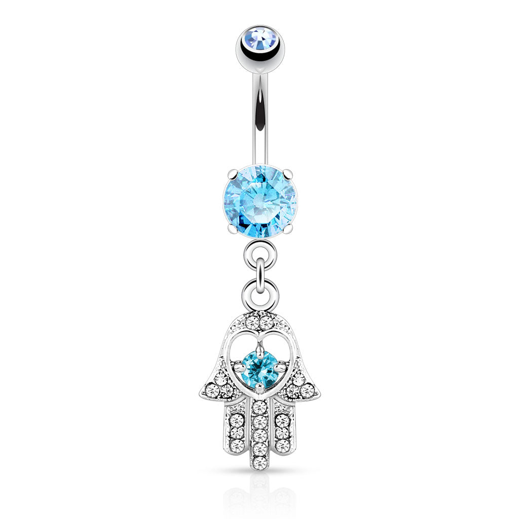 316L Surgical Steel Hamsa With Colored CZ and Gem Paved Dangle Belly Button Ring - Aqua