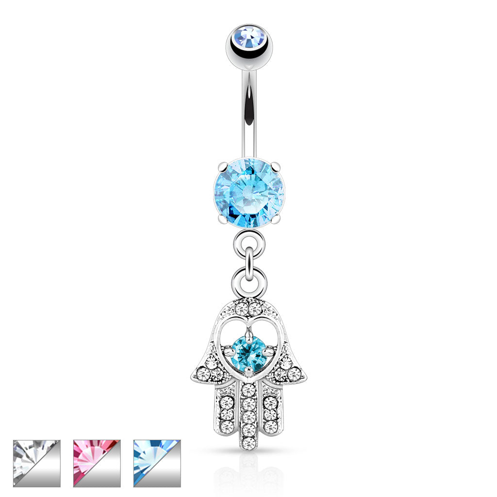 316L Surgical Steel Hamsa With Colored CZ and Gem Paved Dangle Belly Button Ring - all colors