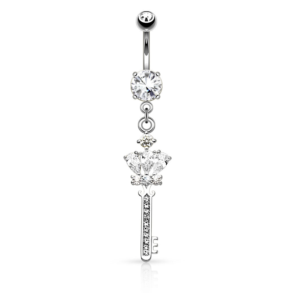 316L Surgical Steel Crown CZ Key With Paved Gem Shaft Dangle Belly Button Ring - Clear