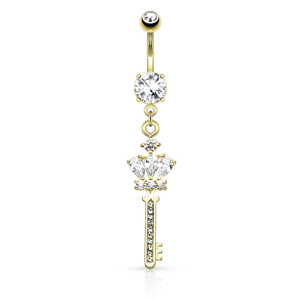316L Surgical Steel Crown CZ Key With Paved Gem Shaft Dangle Belly Button Ring - Gold/Clear