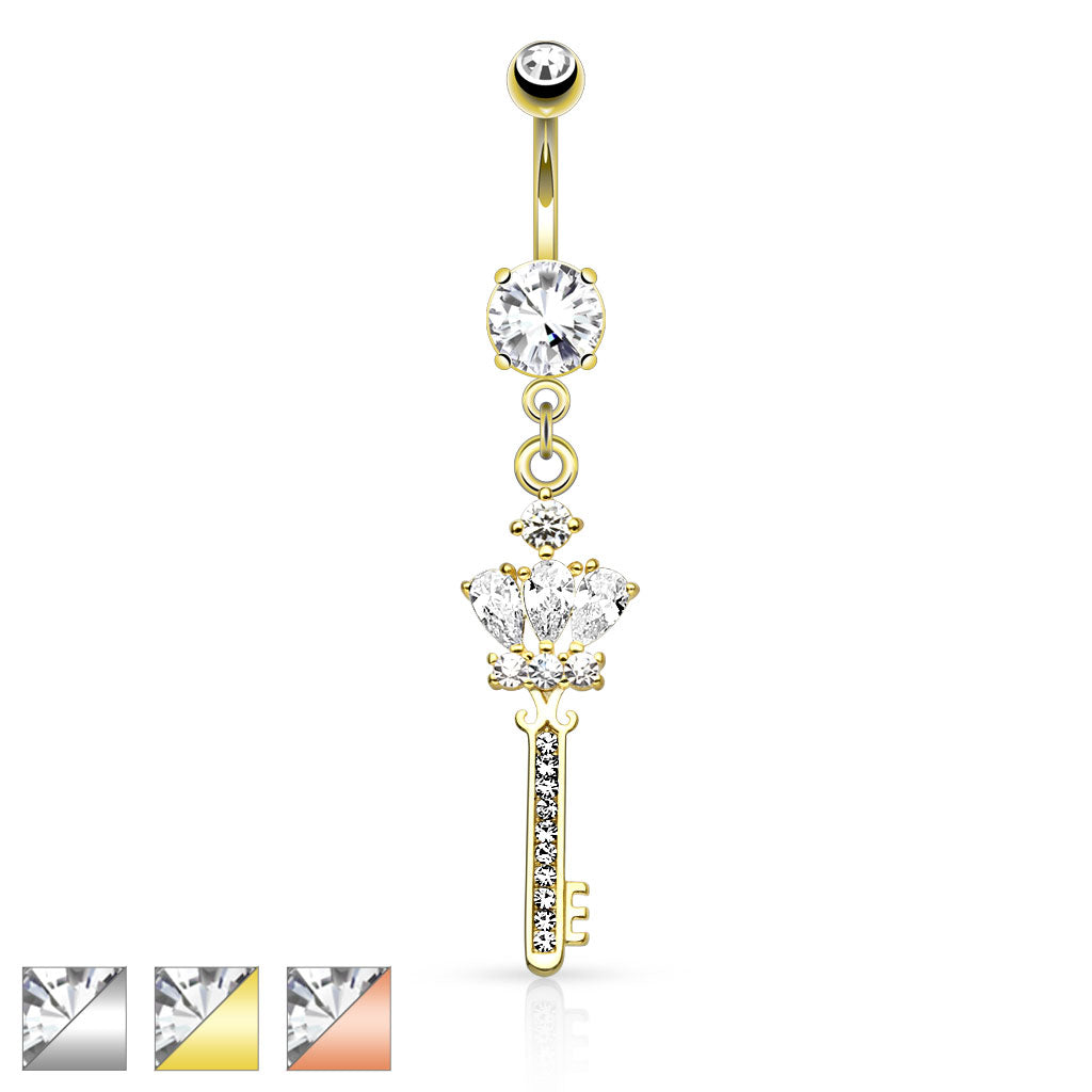 316L Surgical Steel Crown CZ Key With Paved Gem Shaft Dangle Belly Button Ring - all colors
