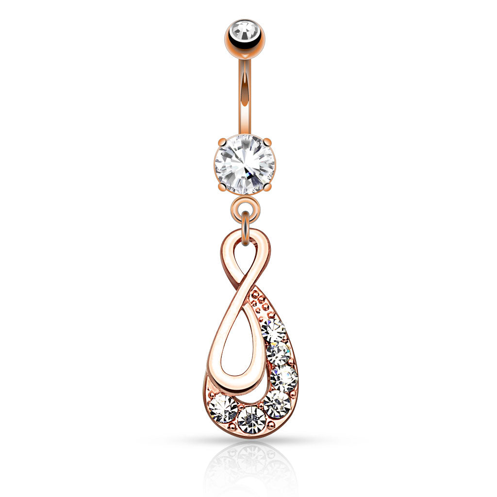 316L Surgical Steel Infinity Drop With Paved Gems Dangle Belly Button Ring - Rose Gold/Clear