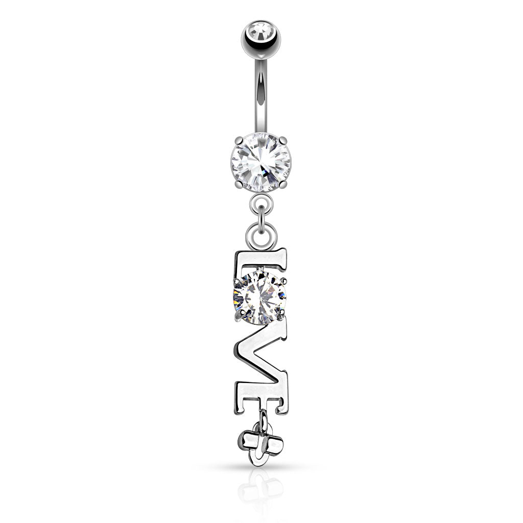316L Surgical Steel LOVE Clear CZ Dangle Belly Button Ring - Clear