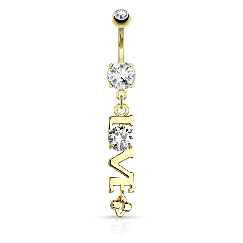 316L Surgical Steel LOVE Clear CZ Dangle Belly Button Ring - Gold/Clear