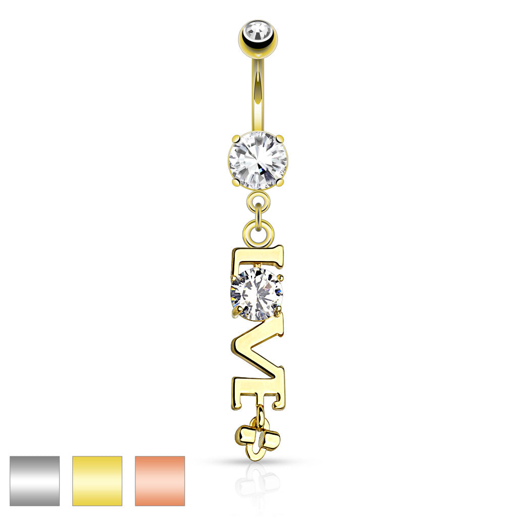 316L Surgical Steel LOVE Clear CZ Dangle Belly Button Ring - all colors