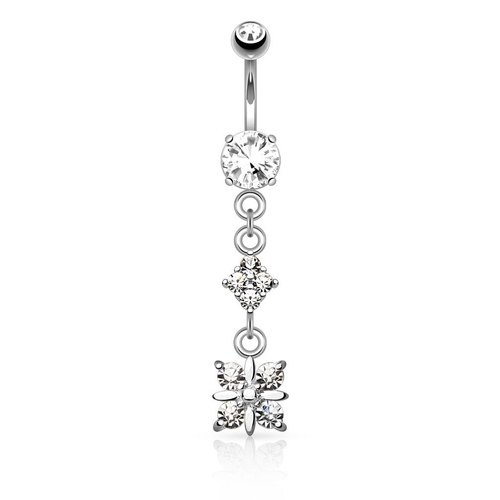 316L Surgical Steel Paved Diamond With 4 Quadrant CZ Drop Dangle Belly Button Ring - Clear